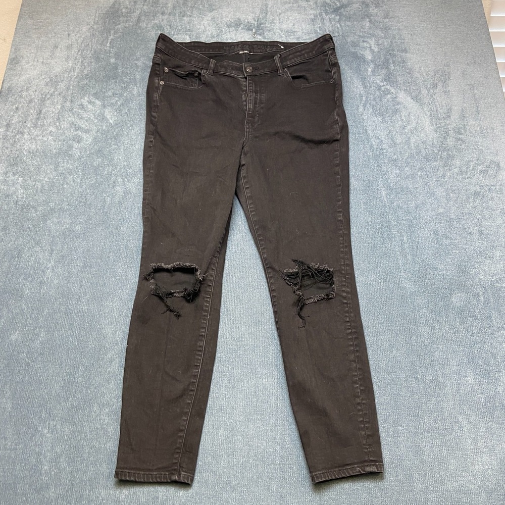 American Eagle Skinny Jeans Womens 18 Black Denim Cotton Stretch Distressed
